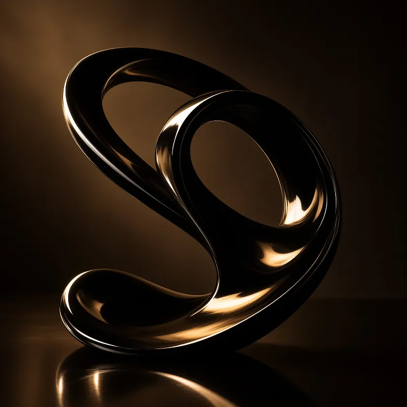A shiny abstract metal sculpture with smooth curved forms and reflective highlights against a dark background.