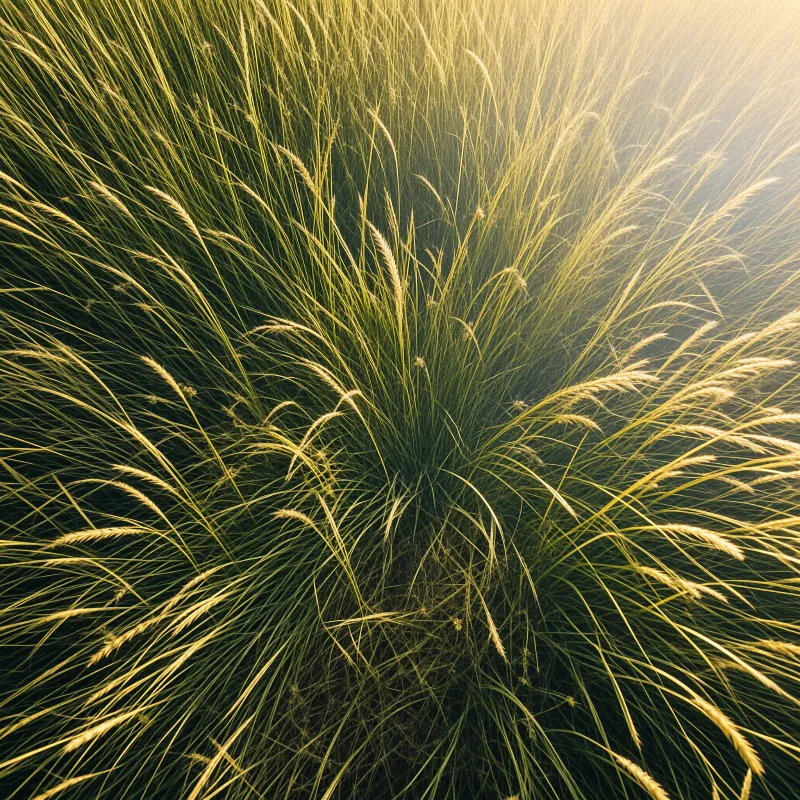 Fine blades of ornamental grass radiate outward while soft golden sunlight filters through the tips from above.
