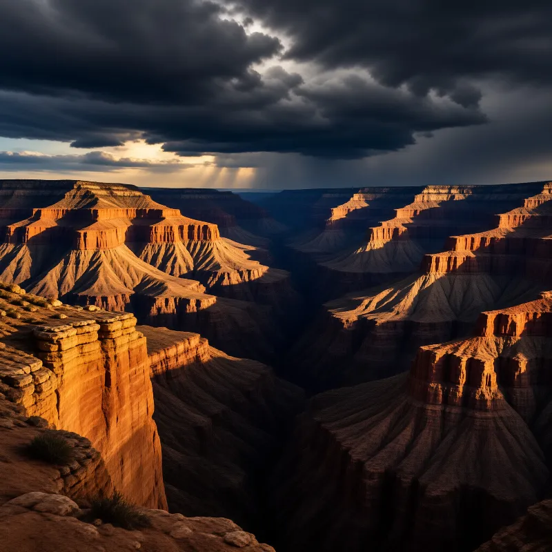 Sunlight breaks through heavy cloud to gild layered red buttes and deep dry canyons across an arid plateau.