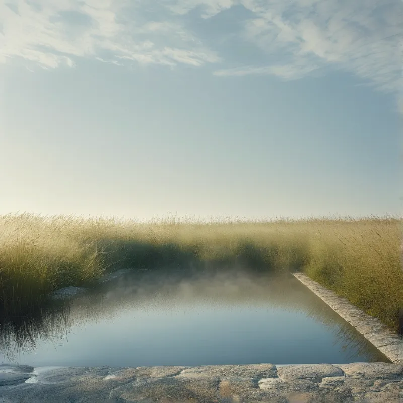 Warm mist drifts off a still pool framed by stone slabs and tall golden grasses under a pale morning sky.