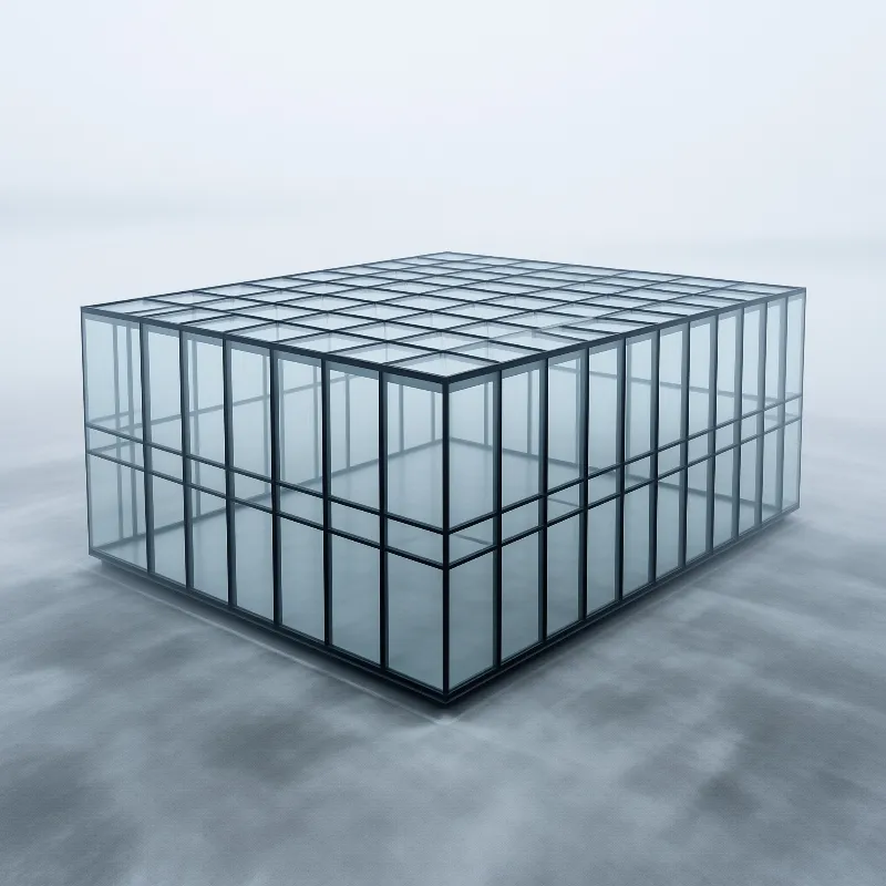 A three storey translucent grid structure with dark mullions sits on a misty grey concrete surface under even soft lighting