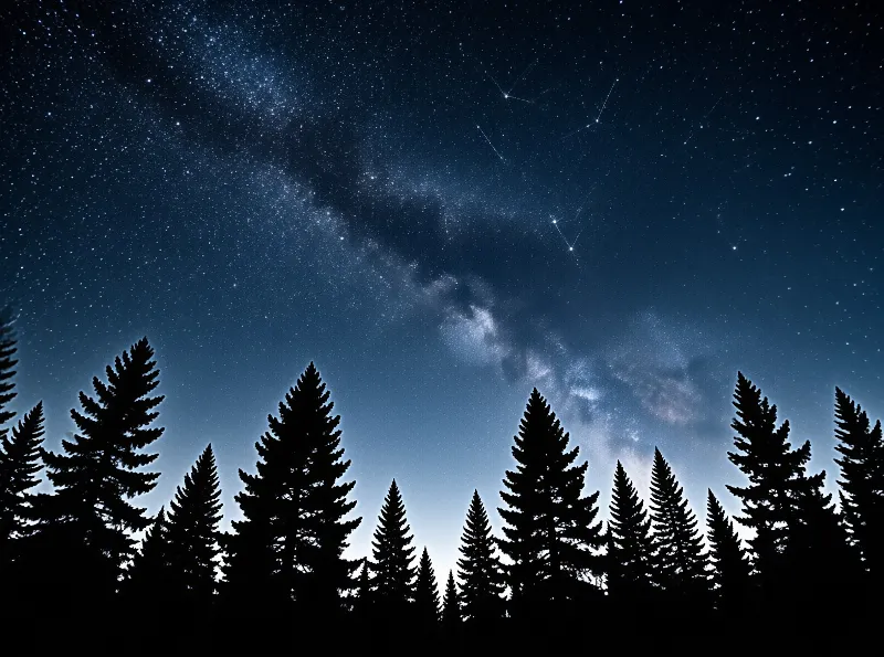 Black conifer silhouettes stand beneath a dense spray of stars and glowing nebula clouds crossing the night