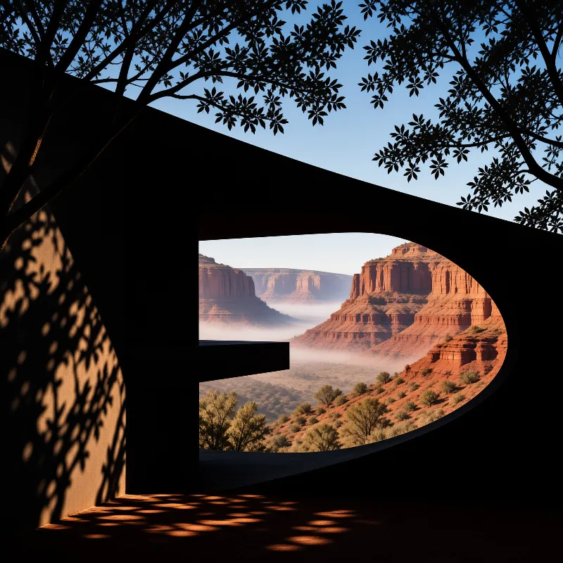 A dark curved structure frames a view of misty red rock cliffs and a sunlit valley floor below.