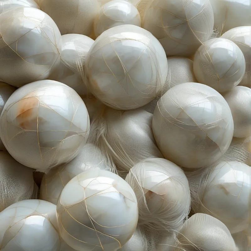 A detailed view of numerous white spheres wrapped in delicate golden-tinted sheer mesh fabric with soft lighting.