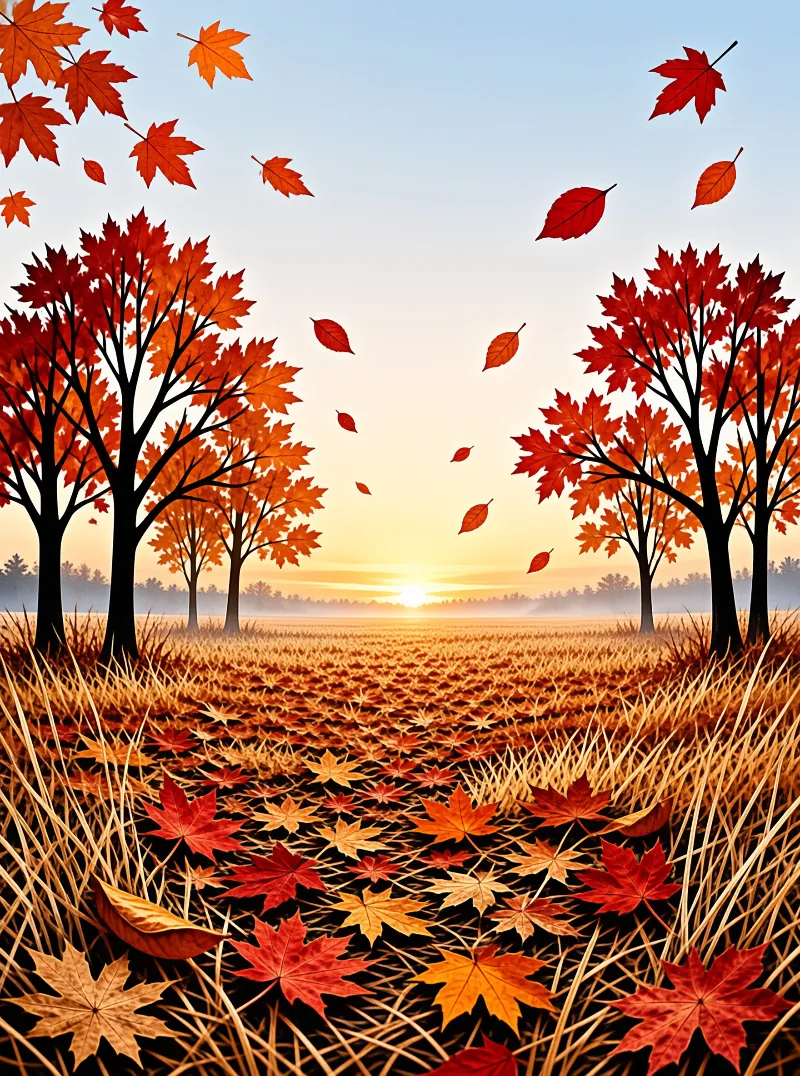 Red maple trees frame a dry grassy field under a bright sunrise with floating autumn leaves.
