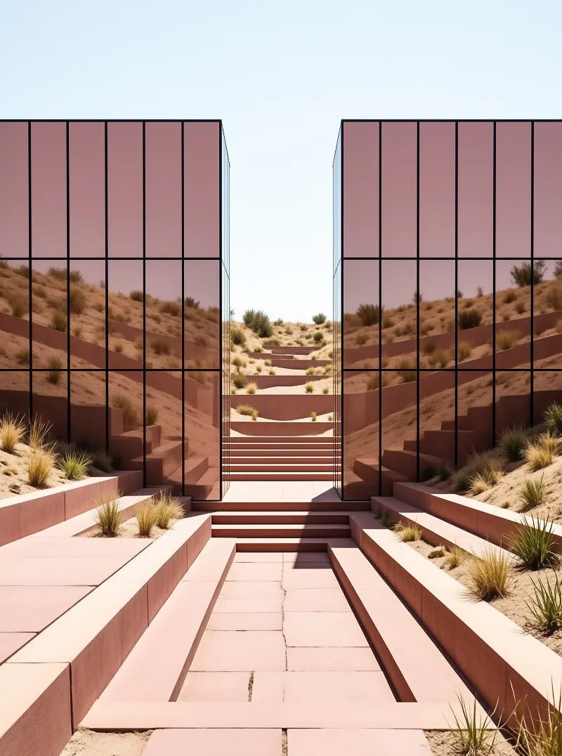 Tinted glass walls with dark mullions reflect the surrounding sand as a central staircase rises between them.