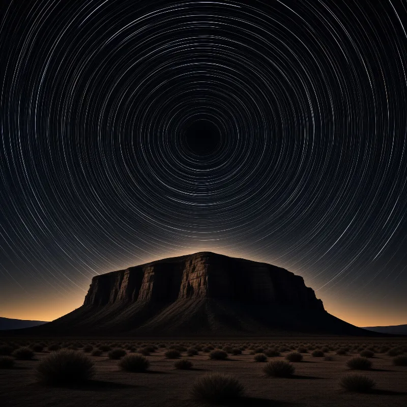 A dark desert mesa stands silhouetted against a night sky filled with concentric star trails and a glowing orange horizon.