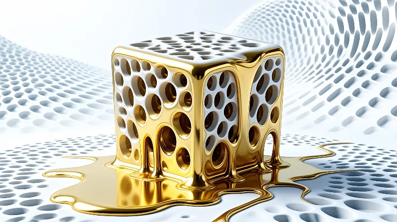 A metallic golden cube with holes melts onto a white perforated background.
