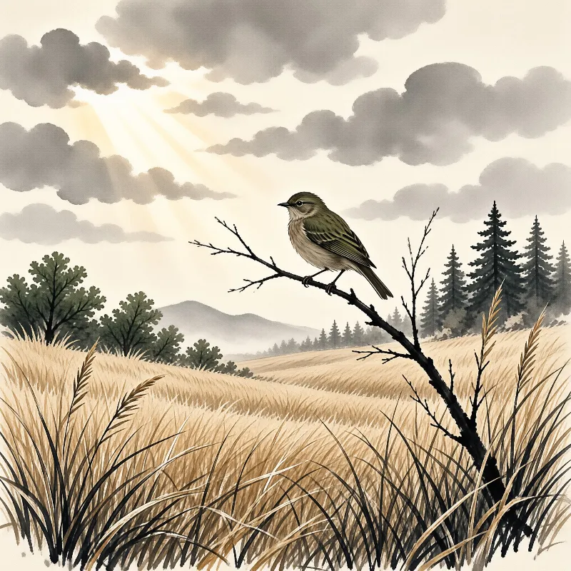 A small bird perches on a bare twig in a field of tall grass while sunbeams cut through the clouds above distant trees.