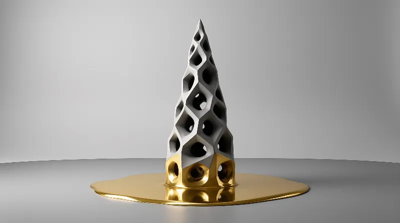 A tall white honeycomb structure emerges from a spread of gold metal on a gray floor.
