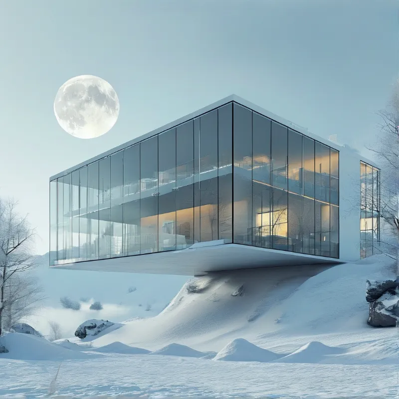A modern glass building rests on a snow-covered hill beneath a pale blue sky featuring a large bright full moon.