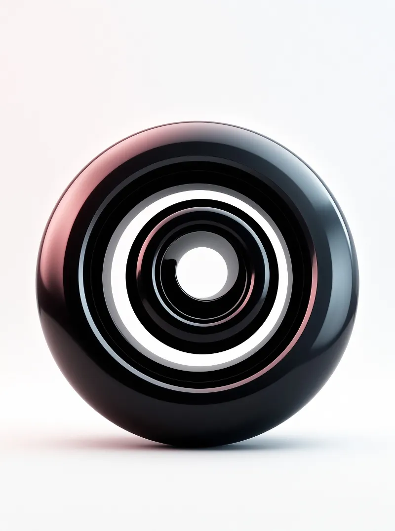 A black camera lens centered on a white surface with a bright white ring in the middle and pink reflections on the glass.