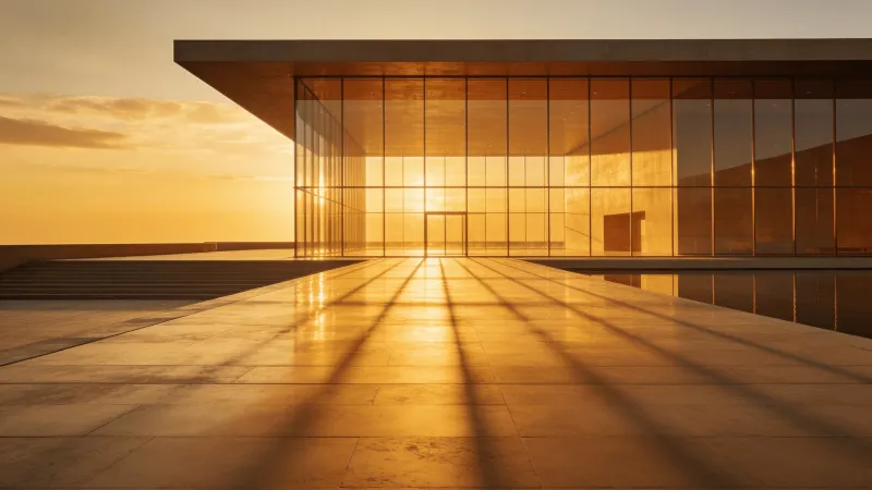 Museum with Glass Curtain Wall — Golden Sunset
