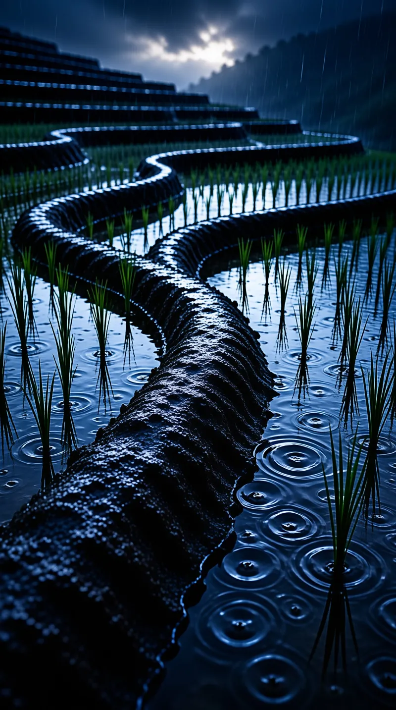 Water fills stepped agricultural terraces while falling rain marks the surface with countless small rings