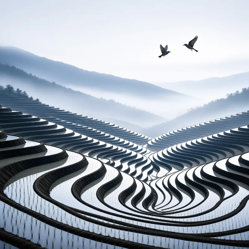 Layers of flooded agricultural fields wind across a hazy landscape while two birds soar overhead