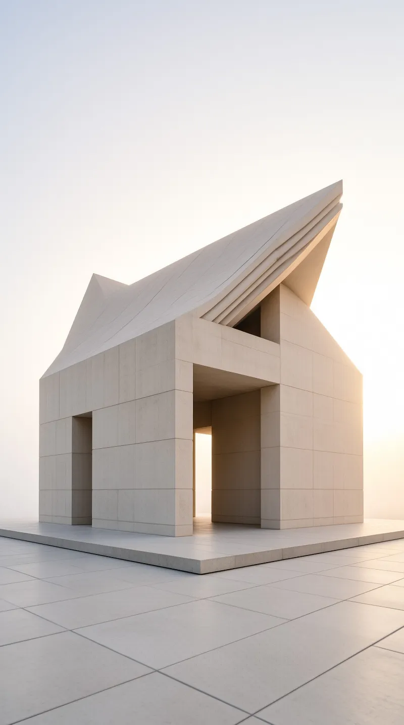 A geometric building with a sharp upward sloping roof stands on a large tiled plaza under a pale sky.