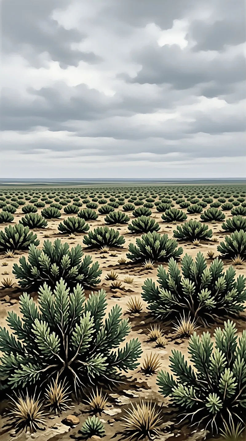 A vast landscape features thousands of identical green bushes arranged in orderly rows across a sandy desert floor, stretching toward a distant horizon under a cloudy grey sky with a painterly texture visible throughout the scene.