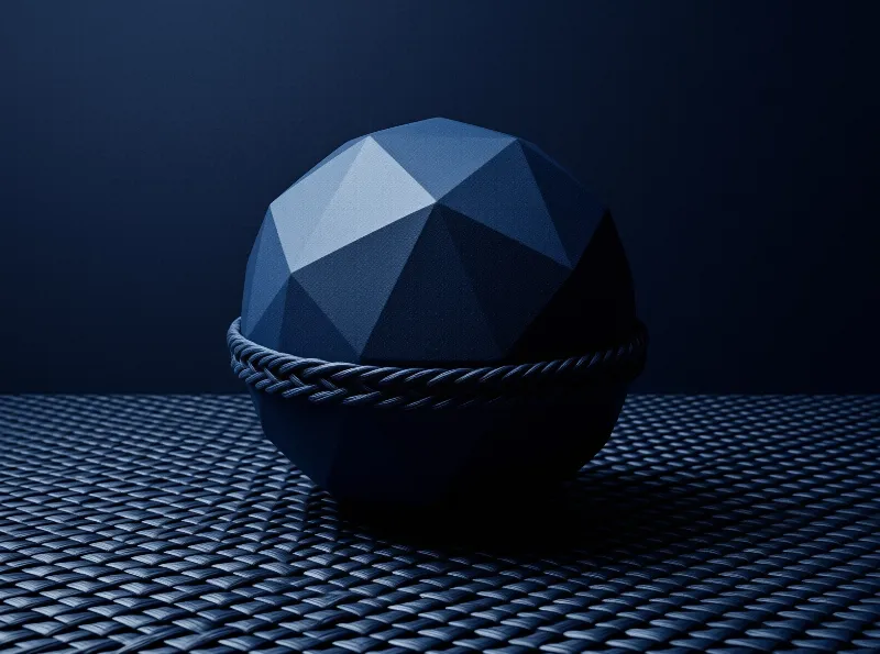 A matte low poly navy ball sits in a braided cord band atop a woven surface against a deep blue backdrop.