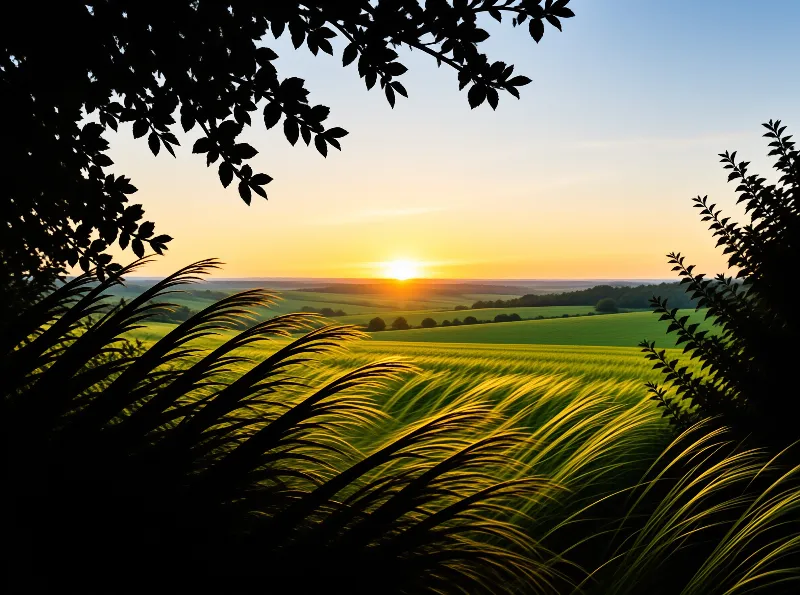 A landscape view of rolling green fields at sunset with dark leaves and grass framing the foreground.