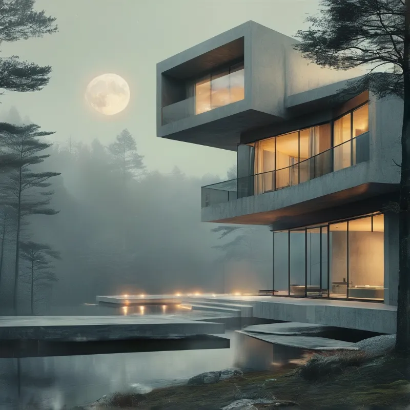 Concrete house with glowing windows sits in misty forest under full moon, reflecting pool in foreground