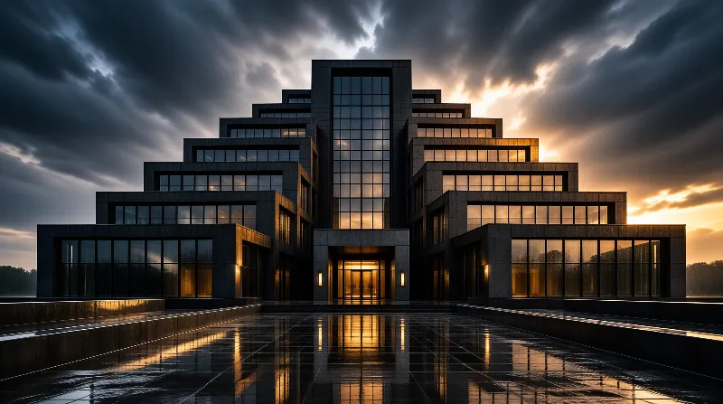 A tiered dark building stands against a stormy sky, its wet plaza reflecting golden sunset light.