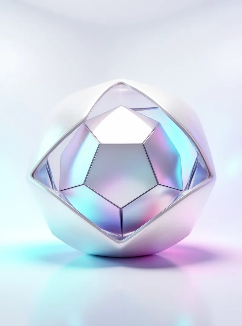 A faceted geometric object with shifting pastel hues rests on a clean white surface under soft studio lighting.