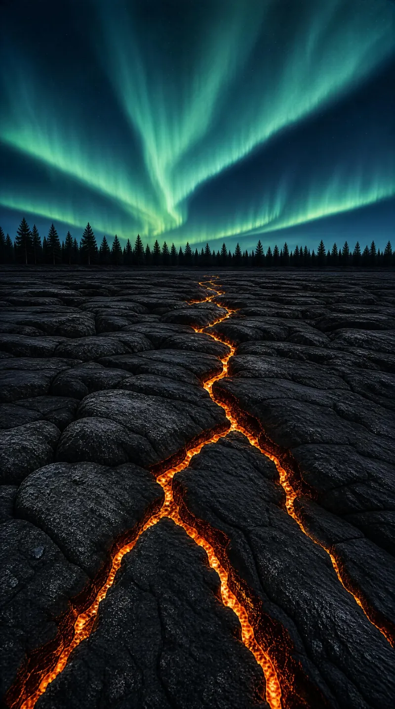 Lava Flow Under Aurora