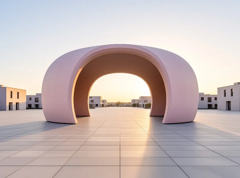 A large pastel pink arch stands on a tiled plaza surrounded by minimalist white architecture under warm golden light.