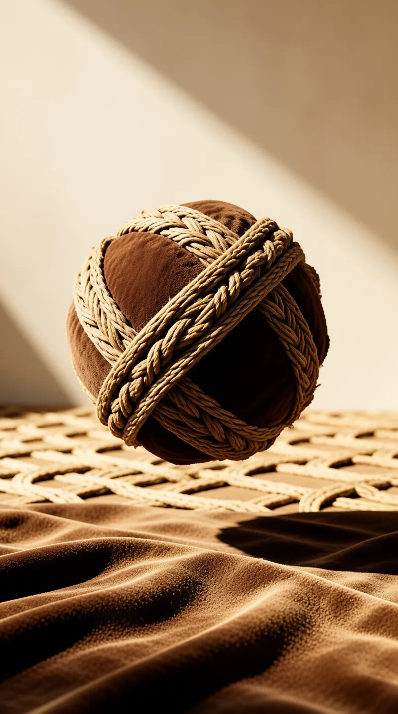 Brown velvet sphere wrapped in tan braided twine floats above woven mat and draped velvet under soft warm slanted sunlight.