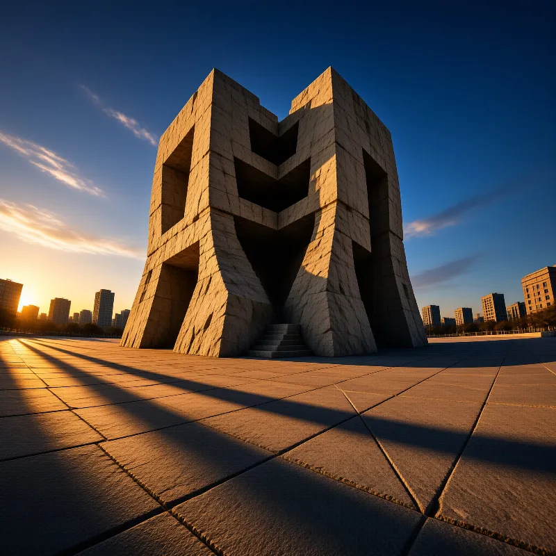 A large stone monument stands on a paved plaza with city buildings in the background and long shadows cast by the sun.