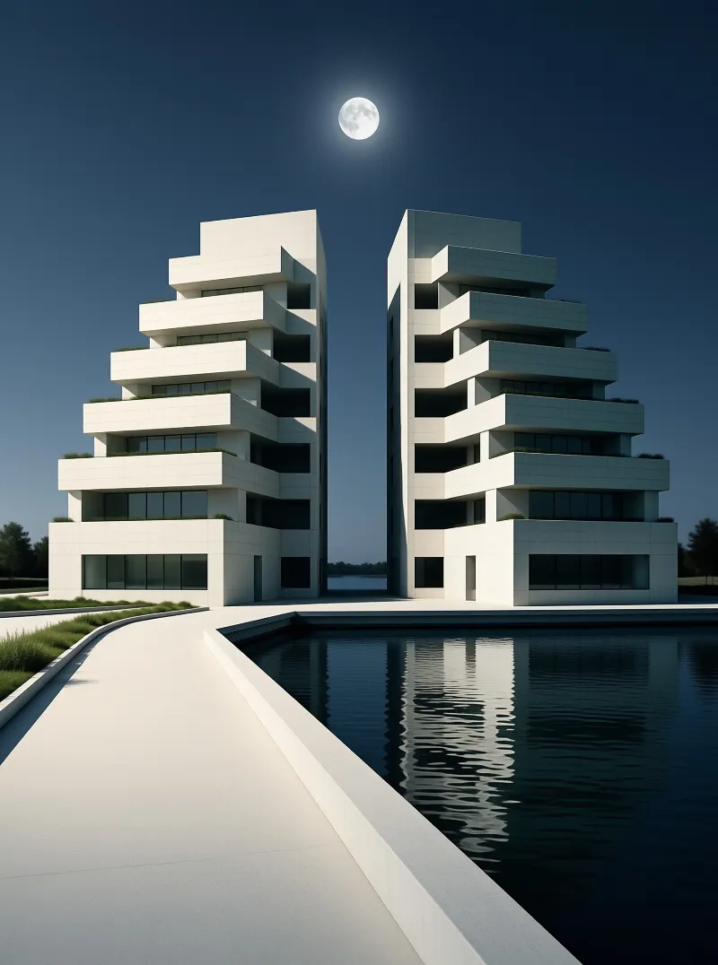 Two white modern apartment buildings stand next to a reflecting pool under a dark sky with a full moon.