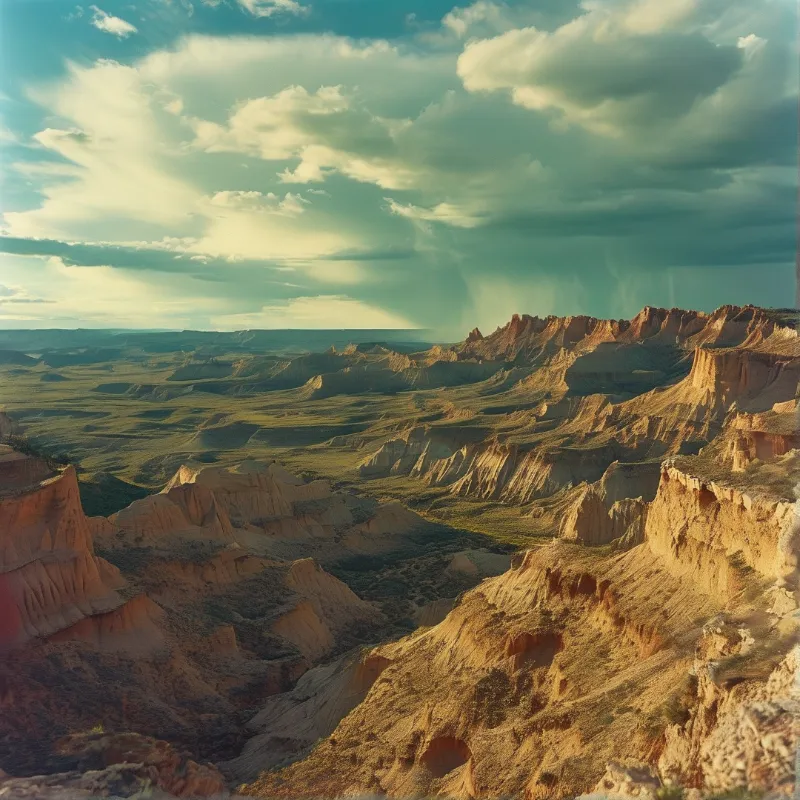 Layered sandstone ridges and dry gullies stretch toward a distant storm while low sun warms the weathered rock.