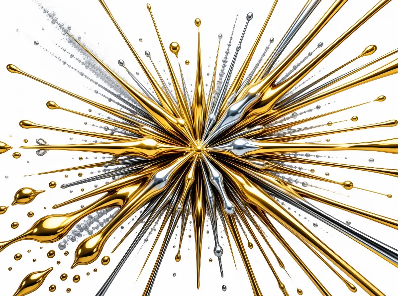 Dynamic gold and silver liquids explode against a white background with sharp reflections and scattered droplets.