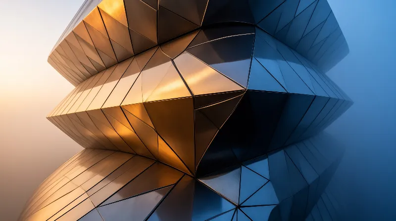 Sharp geometric panels on a structure catch warm golden light on the left while the right side remains in cool blue shadow.