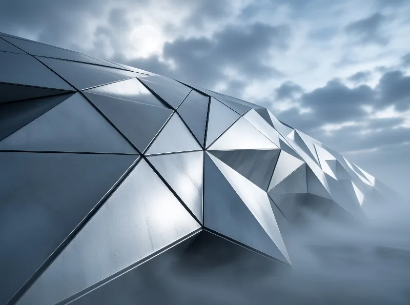 A low-poly metallic structure of triangular panels fades into drifting fog beneath an overcast sky.