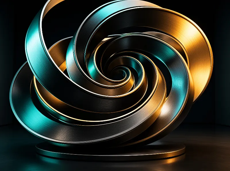 A twisted metal ribbon sculpture featuring alternating teal and gold bands stands against a black background.