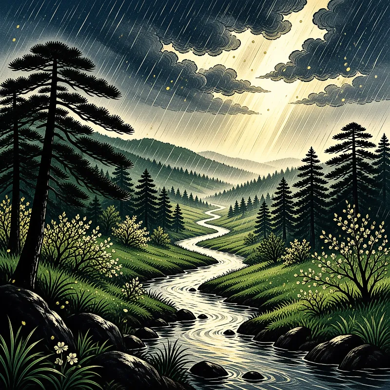 Vintage travel poster style illustration of a serpentine creek threading pine hills under golden rain
