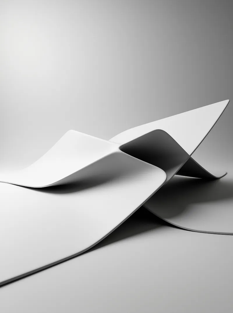 Folded white forms overlap each other against a smooth grey surface with soft lighting.