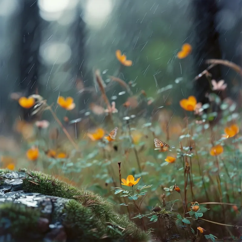 Small yellow wildflowers and butterflies hover above mossy stones during a gentle forest shower.