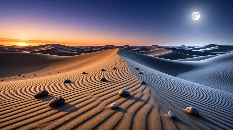Moon and Sunset Over Dunes