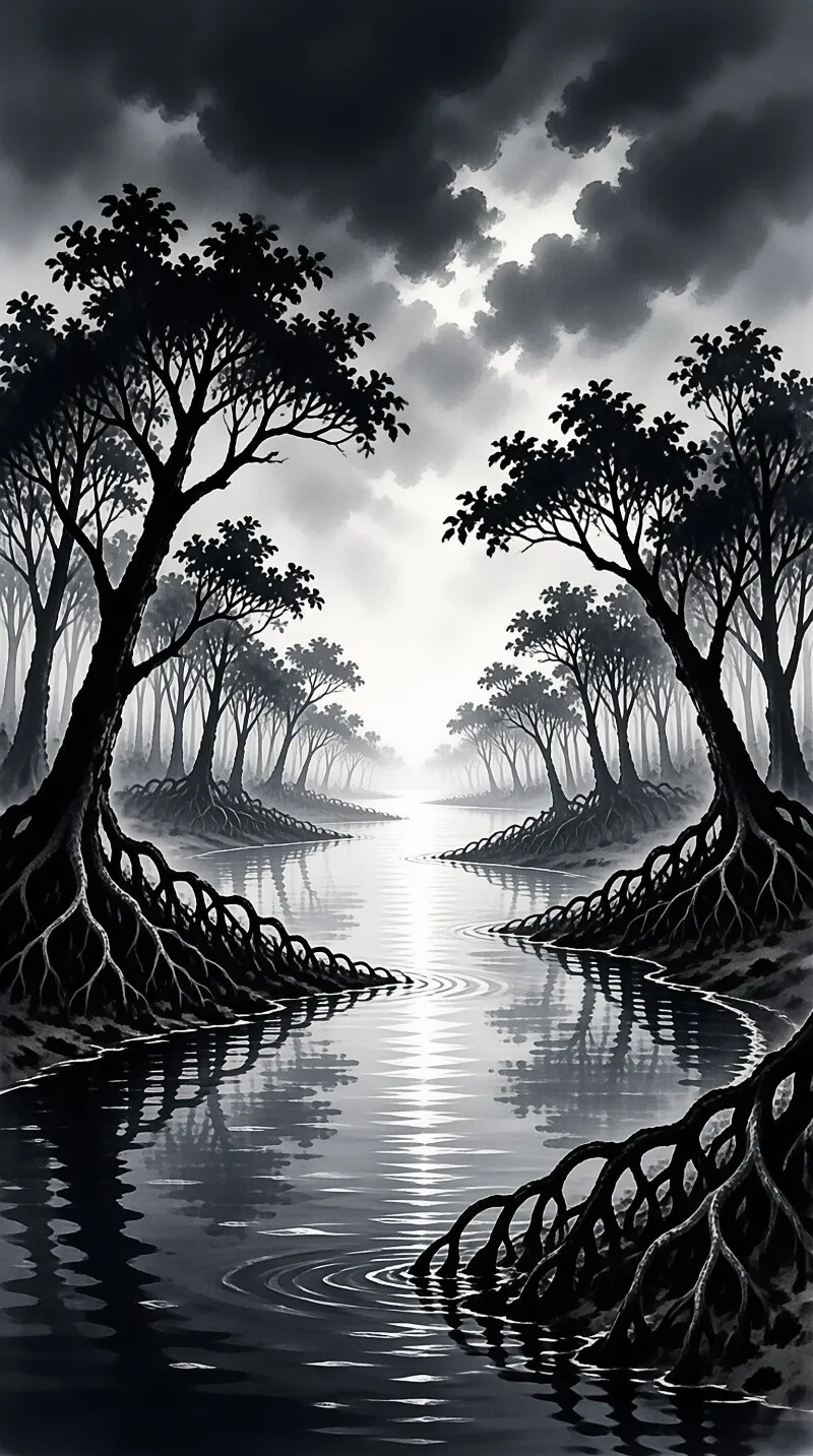 Black and white illustration of trees with exposed roots along a calm river reflecting a cloudy sky.