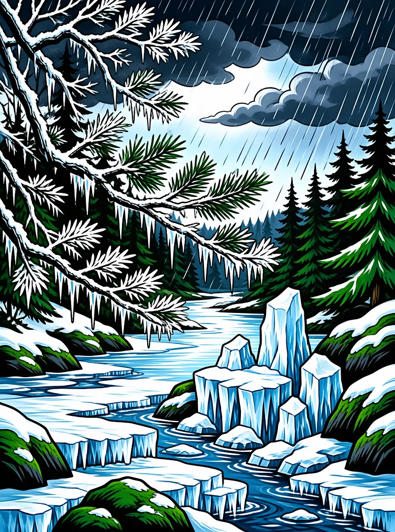 Stylized view of icicle covered pine boughs framing a frozen river winding through a conifer forest under falling rain