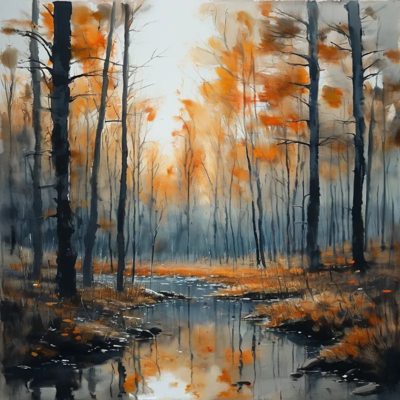 A watercolor landscape featuring tall trees with orange leaves beside a calm river reflecting the autumn foliage and overcast sky.