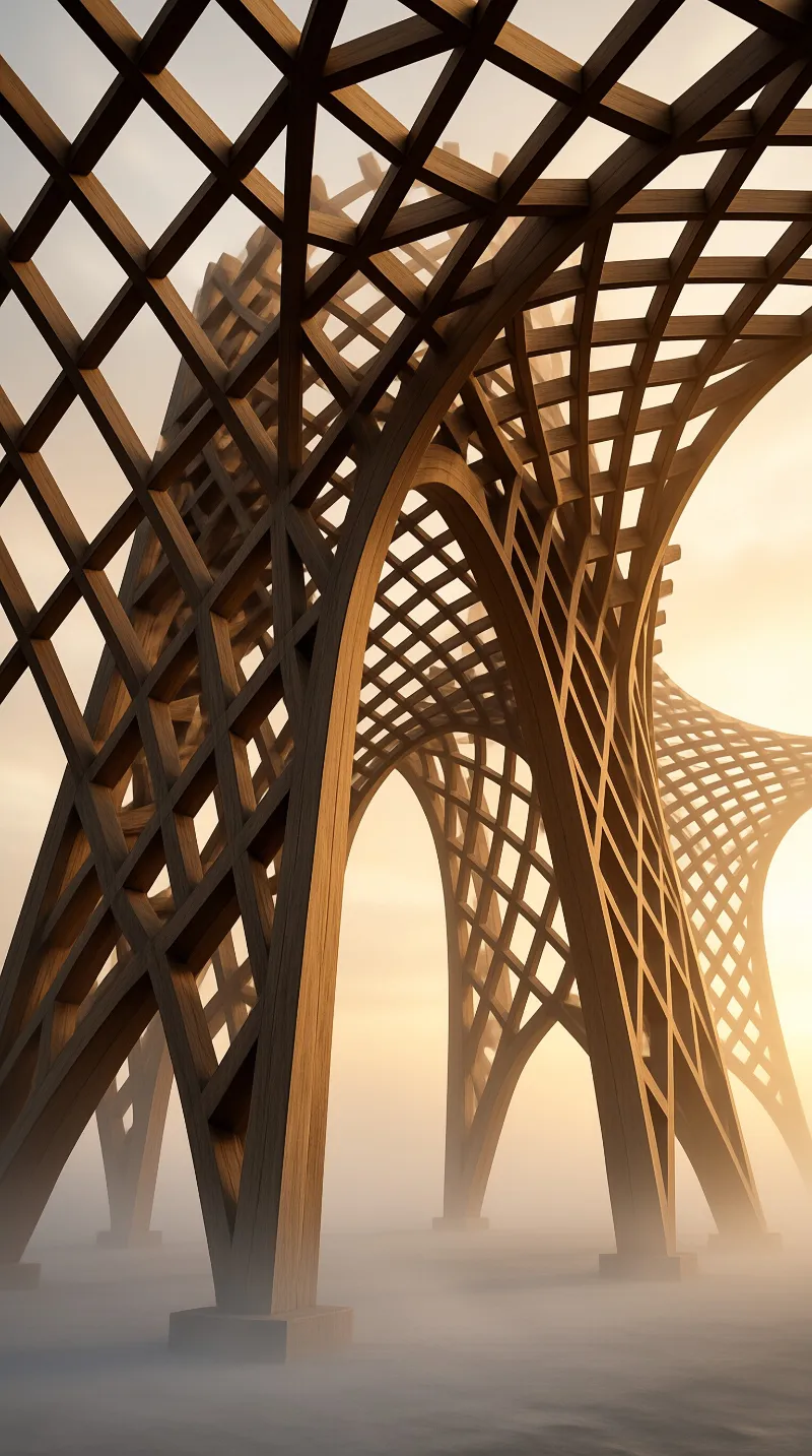 Complex wooden beams form an arching lattice above a foggy base illuminated by soft golden light.