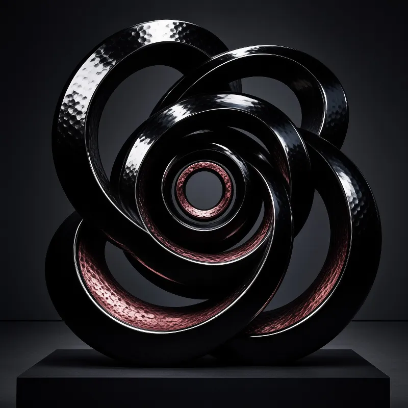 A dark metallic sculpture featuring interlocking rings with hammered textures and copper tones on a pedestal.