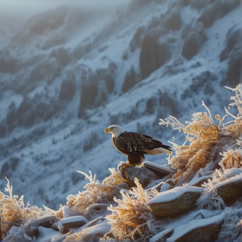 A bald eagle stands on a rock covered in thick white rime ice while warm sunlight illuminates the rocky terrain.