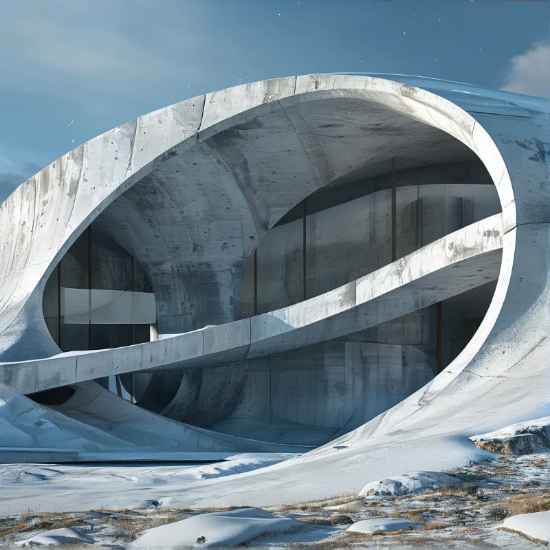 A large white concrete building with a curved arch stands in a snowy field under a blue sky.