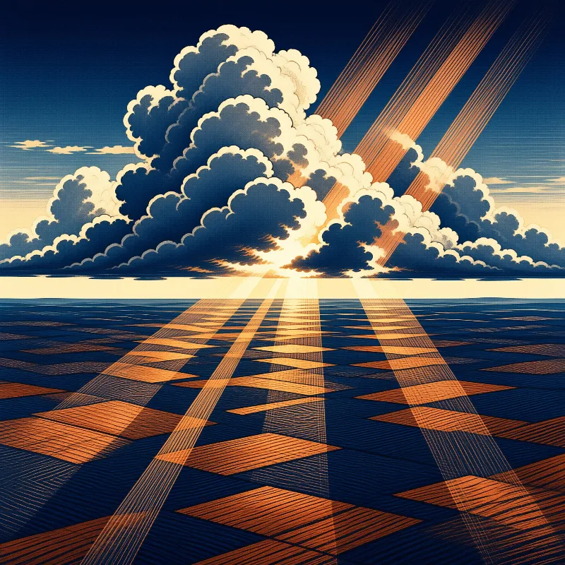 Illustration of voluminous clouds blocking the sky with golden light beams projecting across the dark ocean surface.
