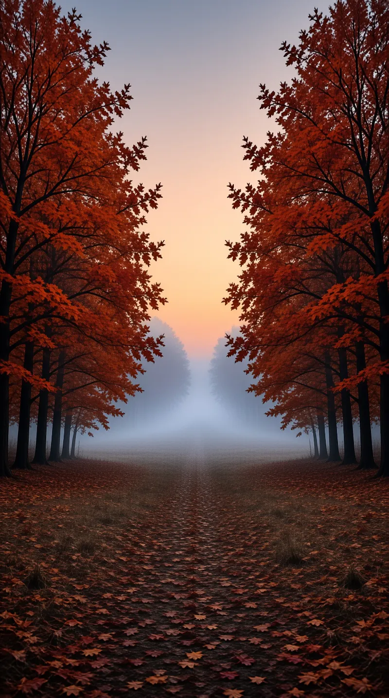 Symmetrical rows of fiery maple trees frame a fog filled lane glowing under a soft peach dusk sky