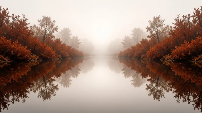 Orange autumn trees line a calm river whose still surface doubles every branch in soft fog